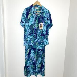 Hilo Hattie Dress And Top Set Hawaiian Blue Womens XS Floral Midi Shift